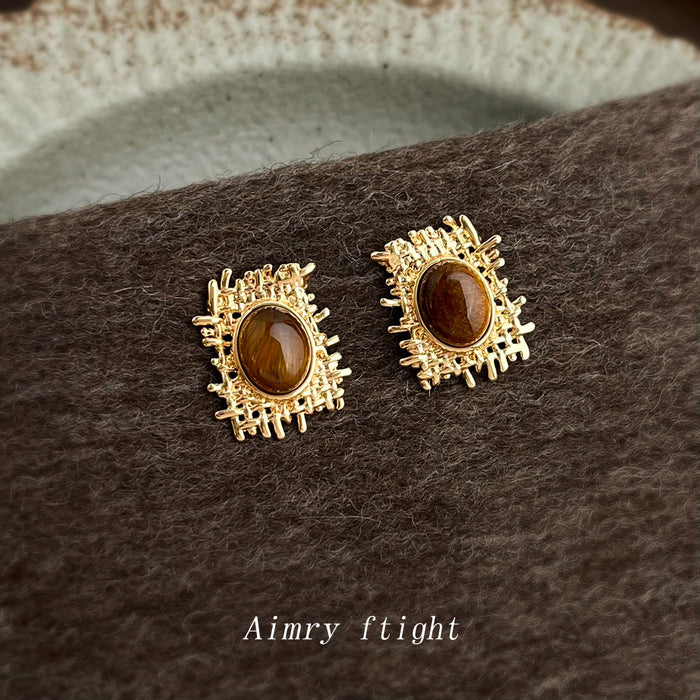 Gold Mesh Branch Frame Tiger Eye Oval Stud Earrings