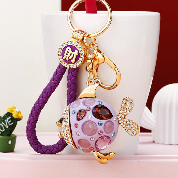 Jeweled Round Pufferfish Keychains in Four Colors with Braided Loops