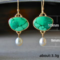 Gold Turquoise Green Cabochon White Pearl Drop Hook Earrings view 2