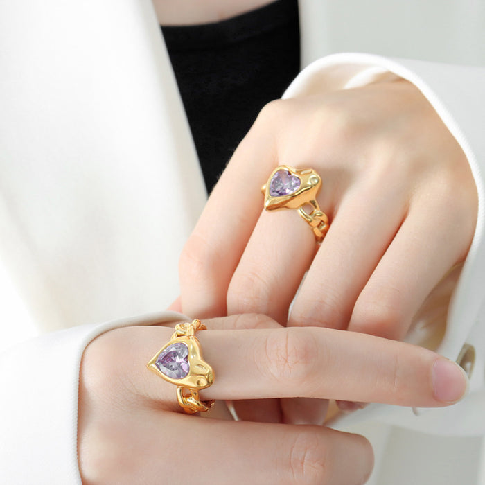 Gold Steel Chain Heart Open Rings Green Glass Purple Zircon Size 7