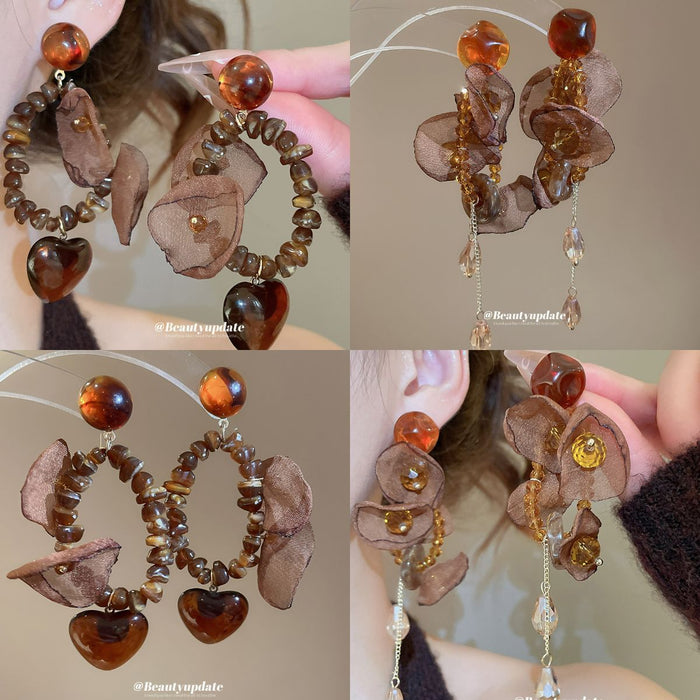 Brown Mesh Pom Pom and Petal Drop Stud Earrings Jewelry Pair