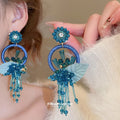 Colorful Floral Hoop Tassel Statement Stud Earrings view 4