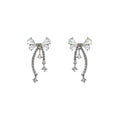 Silver Ribbon Bow Triple Chain Long Dangle Stud Earrings view 5