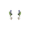 Gold Tone Purple Tulip Green Leaf Pearl Drop Stud Earrings view 5