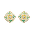 Enamel Floral Rhombus Stud Earrings Yellow Green Detail view 5