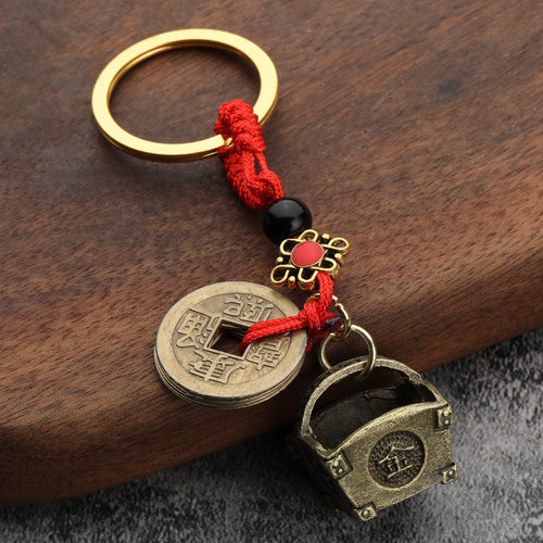 Five Emperor Coins Brass-Look Feng Shui Keychain Pendant Charm