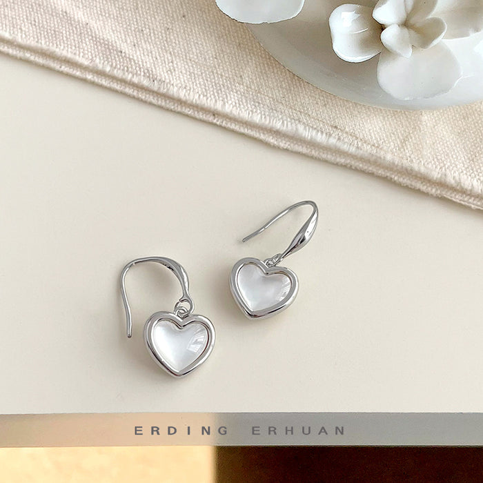 Silver Mother-of-Pearl Heart Drop Hook Earrings Pair