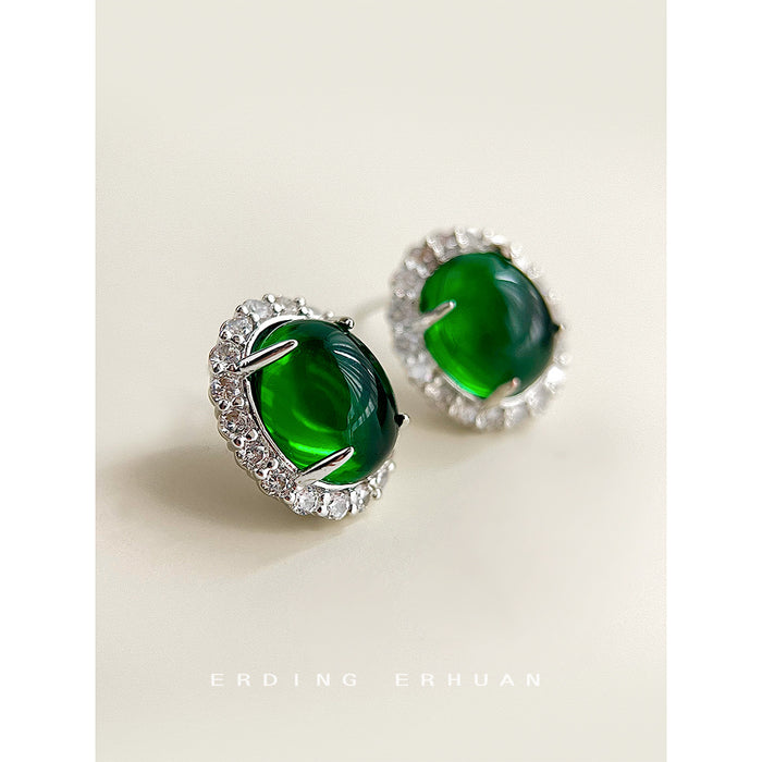 Silver Oval Green Cabochon Stud Earrings Crystal Halo