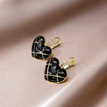 Black Enamel Heart Leverback Earrings Gold Grid Lines view 3