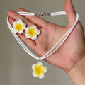 White Yellow Plumeria Cord Necklace Earring Two-Piece Set view 1
