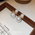 Gold Tone Horizontal Bar Double Pearl Stud Earrings view 2