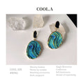 Black Top Blue Green Textured Rough Disc Drop Stud Earrings view 1