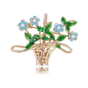 Flower Basket Enamel Pearl Look Metal Brooch Pin for Jackets and Lapels