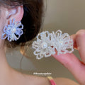 Crystal Beaded Flower Stud Earrings in White and Blue view 1
