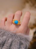Gold Ribbed Band Ring Turquoise Blue Cabochon Center view 6