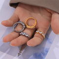 Gold Steel Three Zircon Pavé Geometric Titanium Steel Rings view 3