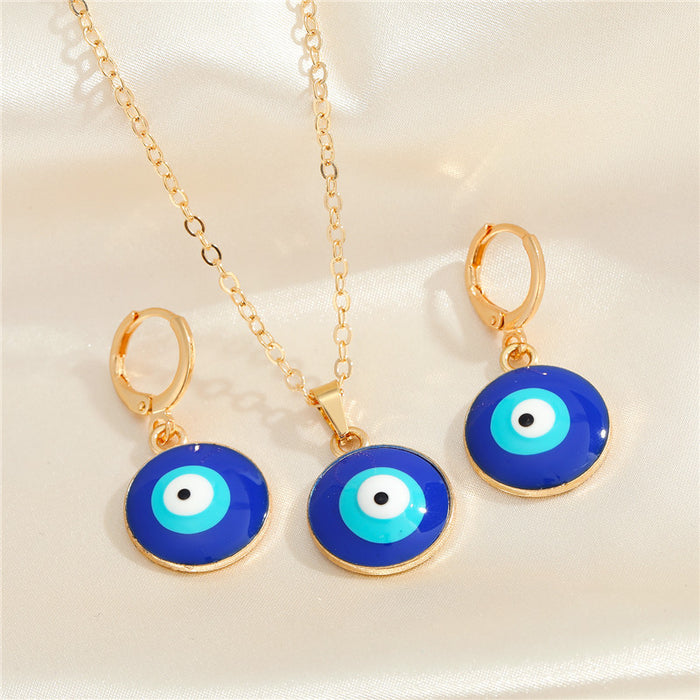 Round Blue Evil Eye Pendant Necklaces and Earrings in Two Finishes