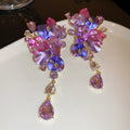 Purple Crystal Flower Cluster Drop Earrings with Polished Metal Accents view 6