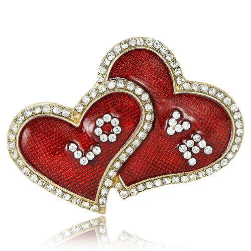 Red double heart love enamel brooch with rhinestone outline