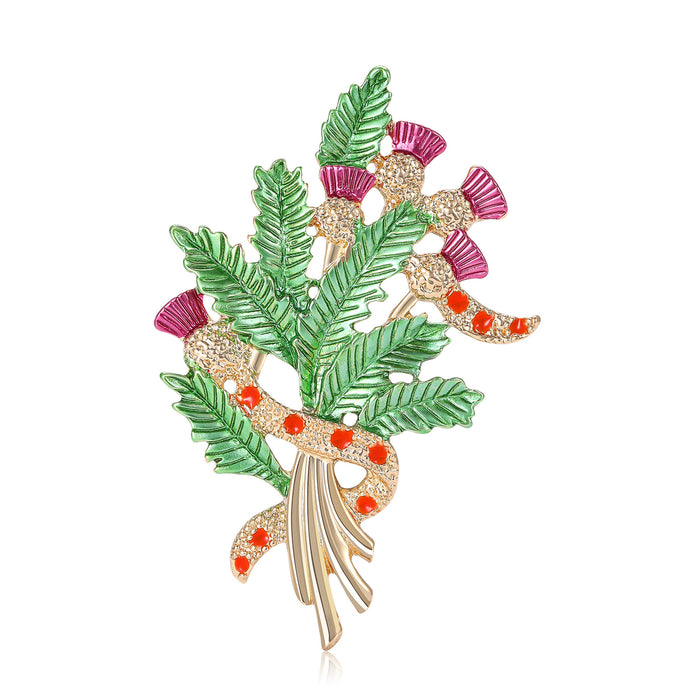 Colorful Enamel Thistle Bouquet Brooch with Green Foliage
