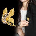 Gold Tone Crystal Flower and Leaf Spray Metal Brooch Pin view 3