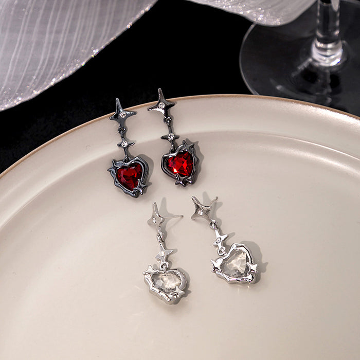 Red and Clear Heart Center Star Link Dangle Earrings