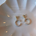 Gold Round Stud C-Shape Pearl Hoop Drop Earrings Pair view 6