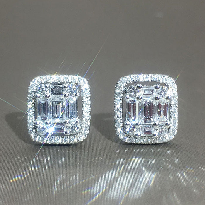 Rectangular Baguette Crystal Cluster Stud Earrings in Silver Tone