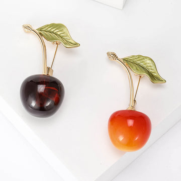 Cherry Brooch with Green Leaf in Two Red Shades for Jackets, Coats, and Scarves