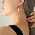 Crystal Bridge Hoop Earrings with White Pearl Drop in Gold Tone view 6