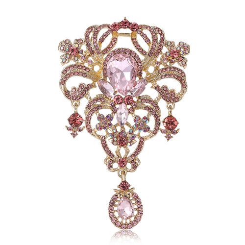 Pink glass drop court brooch gold openwork front
