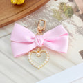 Satin Ribbon Bow Keychain with Pearl Heart Charm Accent view 11
