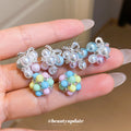 Pastel Bead Grape Cluster and Pearl Bow Stud Earrings view 1