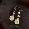 Gold Asymmetric Pearl Paperclip Disc Drop Earrings view 3