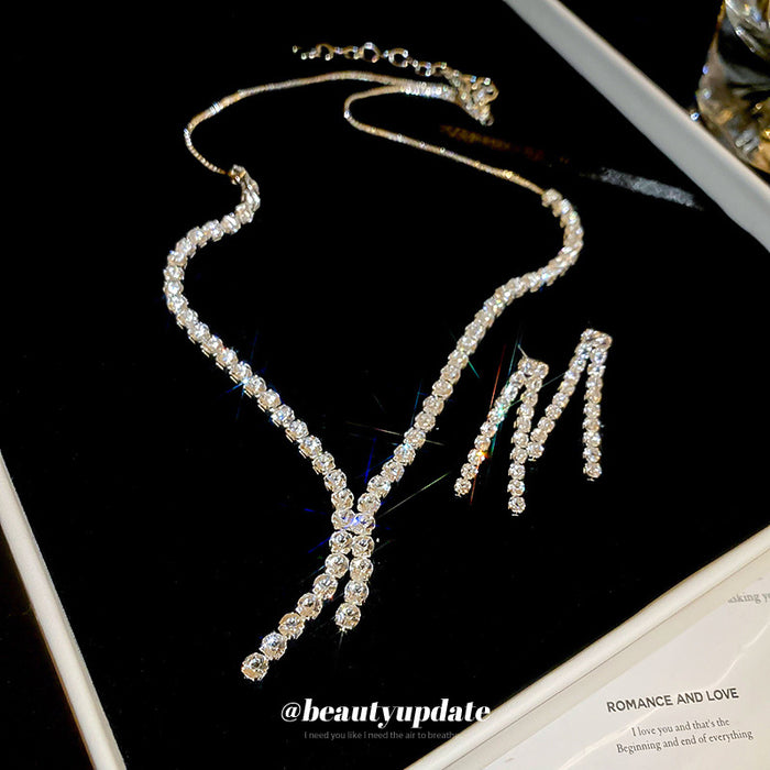 Silver Tone Crystal Y Necklace And Double Row Drop Earring Set