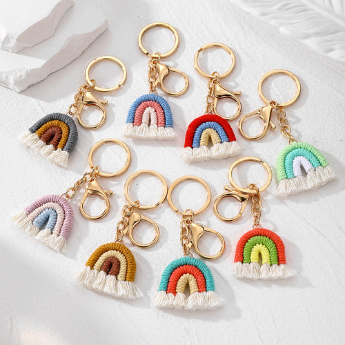 Main product view of gold Tone Macrame Rainbow Split Ring and Clip Keychains