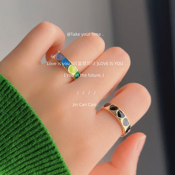 Gold Tone Open Adjustable Ring Multicolor Enamel Heart Band