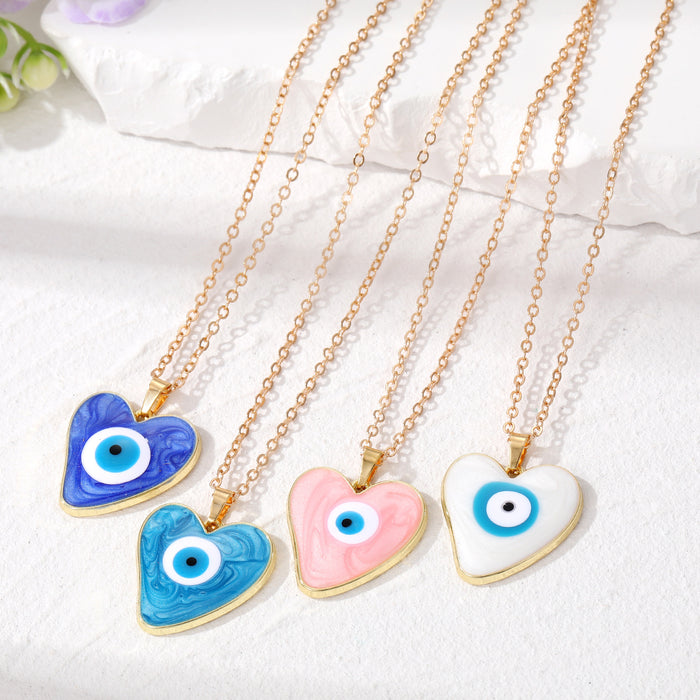 Gold Tone Heart Resin Evil Eye Pendant Necklaces in Five Colors