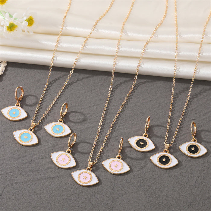 Gold Tone Enamel Eye Pendant Necklace Huggie Earrings and Sets