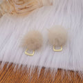 Beige Fur Pom Pom Stud Earrings with Gold Open D Ring view 3