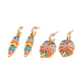 Gold Tone Multicolor Enamel Tropical Leaf Hoop Earrings in Two Shapes view 5