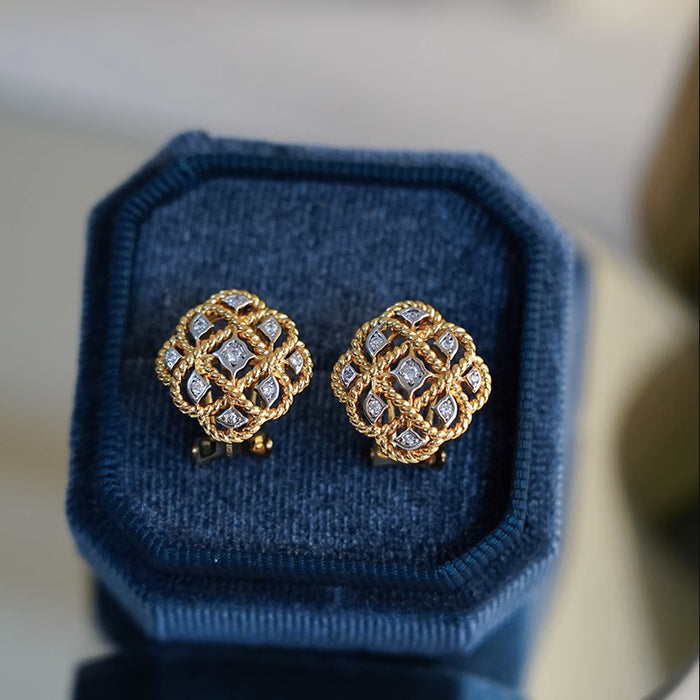 Gold Rope Lattice Flower Stud Earrings Dual Tone Alloy