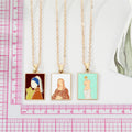Gold Tone Rectangular Painted Portrait Pendant Necklaces view 5