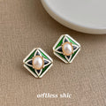 Green Enamel Diamond Pearl Center Stud Earrings Gold Tone view 4
