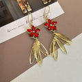 Red and Cream Flower Gold Leaf Cascade Hook Earrings view 6