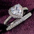 Heart Stone Two Band Ring Set in Silver Tone With Clear Crystal Accents view 1