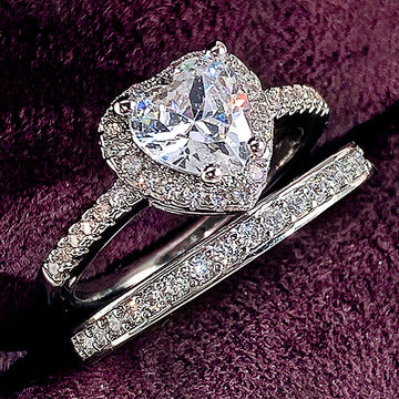 Heart Stone Two Band Ring Set in Silver Tone With Clear Crystal Accents