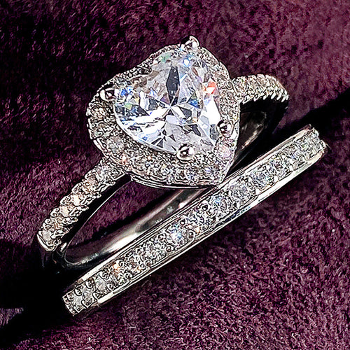 Heart Stone Two Band Ring Set in Silver Tone, front view.