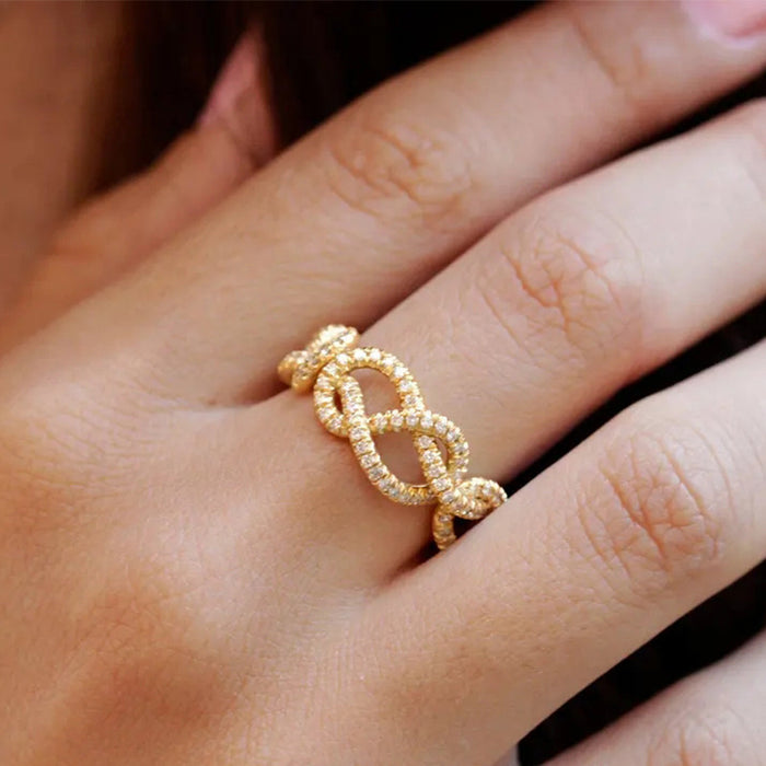 Gold Tone Crystal Interwoven Knot Band Ring Polished Metal Jewelry