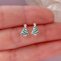 Silver Tone Green Enamel Christmas Tree Stud Earrings view 2